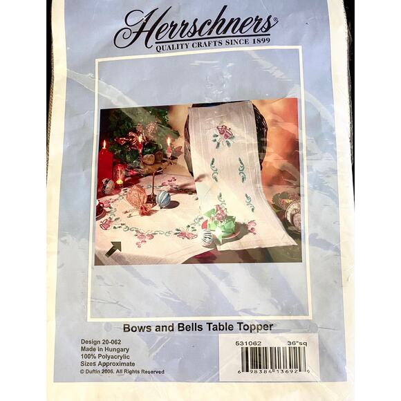 Herrschner's Cross Stitch Kit | Bows and Bells Table Topper 36" Square Holiday - Picture 1 of 10